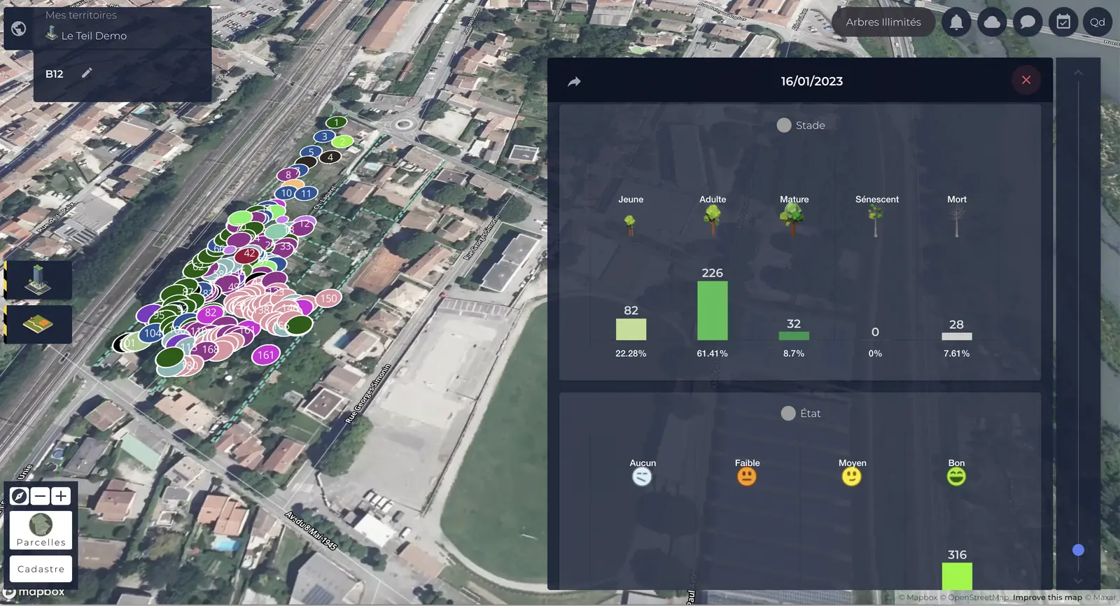 Timbtrack — fiche et statistiques d'arbre