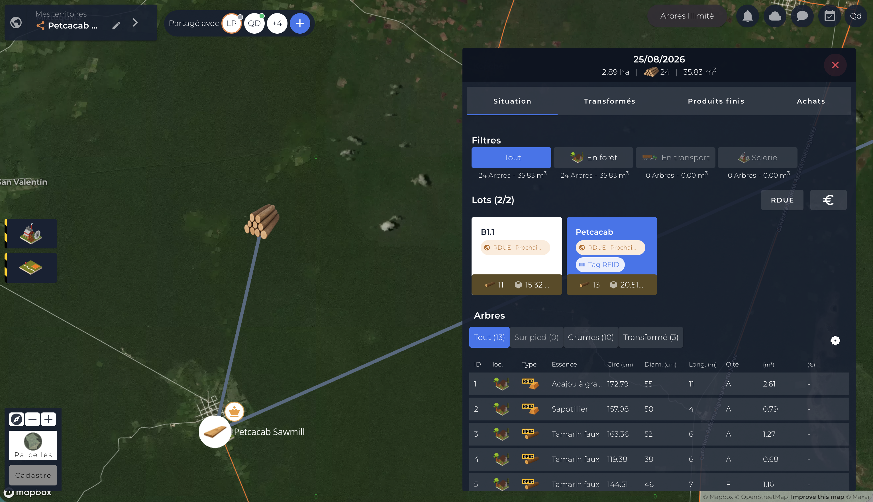 Timbtrack — vue territoire et parcelles